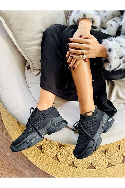 İnan Ayakkabı Women's Black Knitwear Black Stone Detailed Stylish Design Sneakers & Sports Shoes (Sole 5 cm)