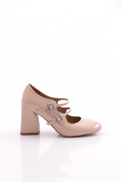 DGN Pantofi de dama cu toc scurt, cu brâu, piele lacuita bej 31012535