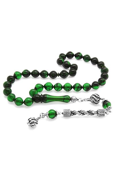 Tesbihane Tarnish-Free Metal Rope Tasseled Istanbul Cut Filtered Green-black Fire Amber Prayer Beads