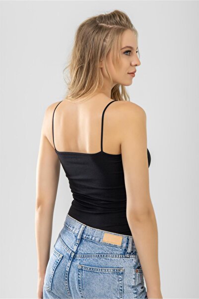 BAYKAR Kadın Ince Ip Askılı Pamuklu Basic Atlet Siyah