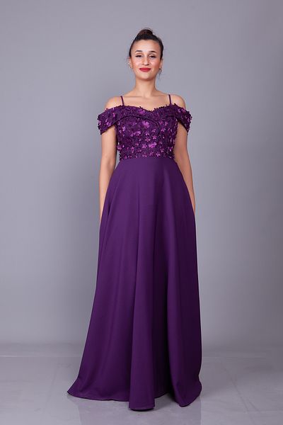 Bidoluelbise Plum Strap Off Shoulder Floral Tulle Detail Maxi Length Flared Evening Dress