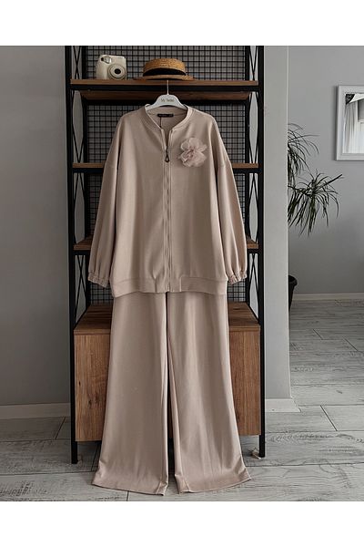 My twins Ewas Stone Detailed Light Shiny Women's Pants and Cardigan Set