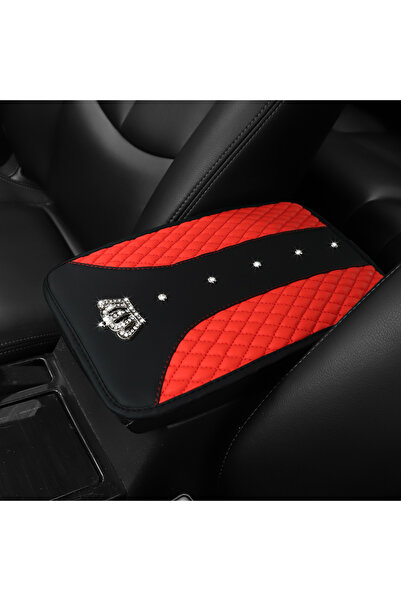 Choice وسادة مسند ذراع السيارة الحمراء 1 مع تاج معدني لامع من جلد الغنم الاصط...