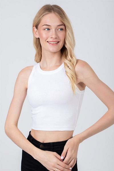 BAYKAR Women's Crew Neck Zero Sleeve Camisole Crop Bustier White