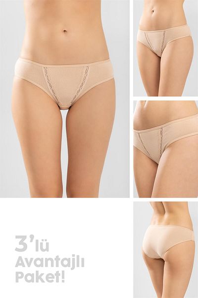BAYKAR Women's Cotton Zigzag Embroidered Bikini Cut Panties 3-Pack Skin Color