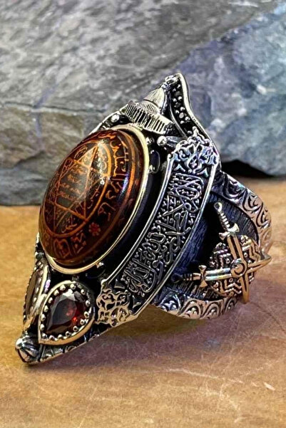 Diriliş Takı Sarı Kehribar Taşlı Mührü Süleyman Gümüş Zihgir Yüzük