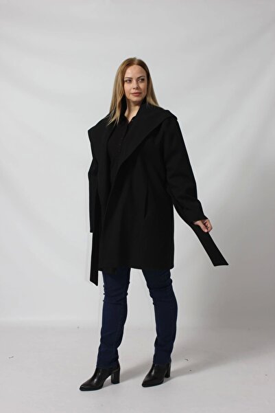 Moda Berray Kuşaklı Yandan Bağlama Detaylı Kapüşonlu Kaşe Kaban