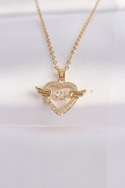 Twin Store 316L Steel Chain Gold Color Zircon Stone Winged Heart Necklace