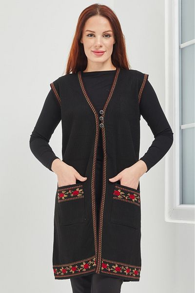 Elçelya Moda Mother Knitwear Rose Motif Black Long Pocket Vest