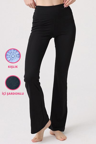 Cottonhill Black Raised High Waist Flared Leg Women's Leggings
