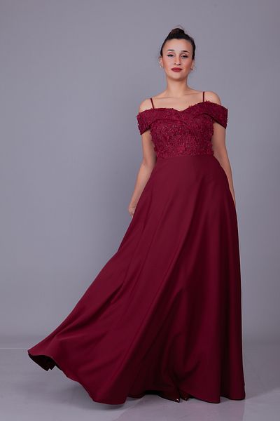 Bidoluelbise Burgundy Straps Off Shoulder Floral Tulle Detail Maxi Length Flared Evening Dress