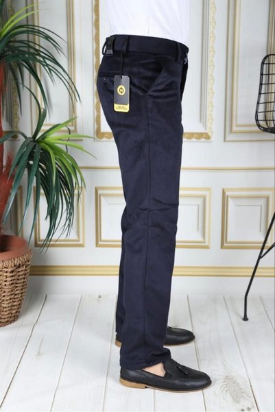 phantom jns by sekman Velvet Men's Trousers Navy Blue Fleece Lined Flexible Thick Wicking Classic Comfortable Cut with Side Pockets