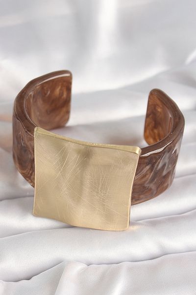 TT Tahtakale Toptancıları Brown Marble Pattern Acrylic Plastic Gold Square Plate Model Vintage Women's Bracelet
