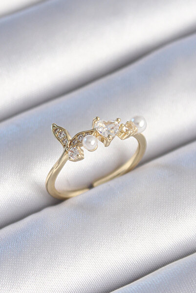 Epilons Brass Gold Color Zircon Stone Heart Leaf Model Pearl Detail Women's Ring