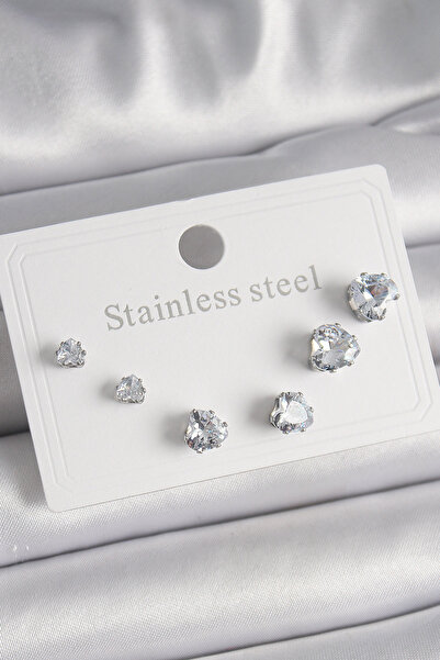 Clariss 316L Steel Silver Color Zircon Stone Heart Model Women's Earring Set - Kp-0692