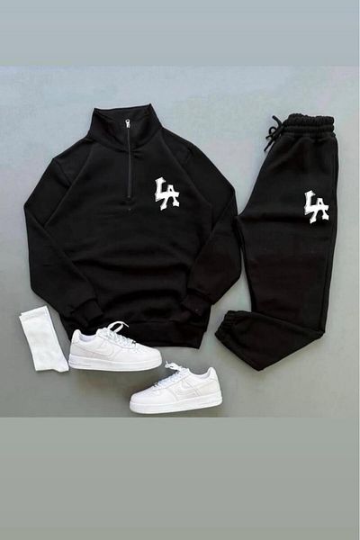 NO 601 Unisex Black Half Zipper Stand Collar La Printed Tracksuit Set