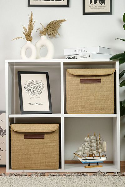 PRENDİ HOME صندوق غطاء بمقبض جلدي من قماش الجوت مقاس 30x30x30