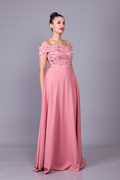 Bidoluelbise Gül Kurusu Askılı Düşük Omuz Çiçekli Tül Detay Maxi Boy Kloş Abiye Elbise