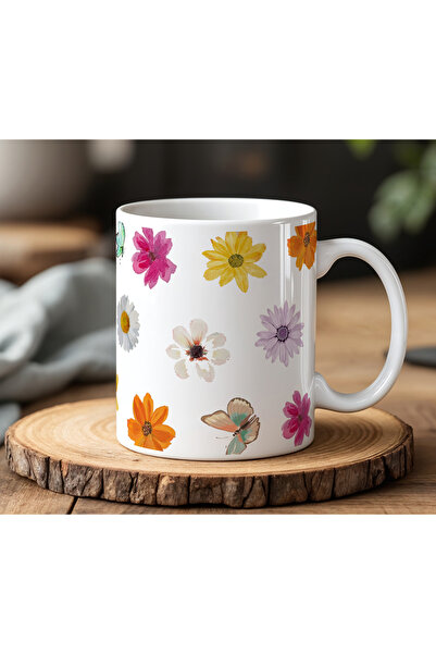 BB TRADE White Ceramic Printed Mug Cup 330ml With Butterfly And Flower Visual...
