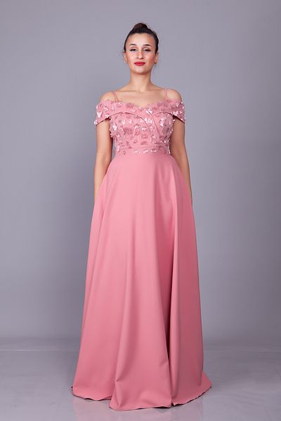 Bidoluelbise Dusty Rose Strap Off Shoulder Floral Τούλι Λεπτομέρεια Maxi μήκους φόρεμα βραδινό φόρεμα