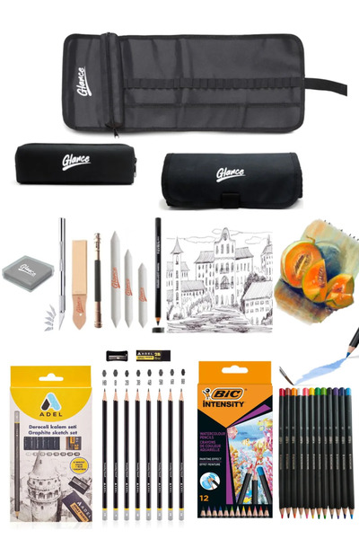 arttone Adel Dereceli Kalem Seti 8'li  Aquarelle Kuru-suluboya Kalemi 12 Renk Esliz Seti