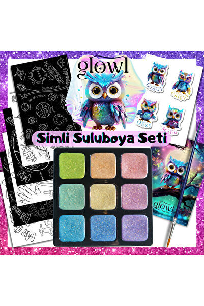 HomedU 9 Renk El Yapımı PASTEL Renk Simli Suluboya Seti, 6'li Boyama Kağıtları, Sticker Seti, Poster, Fırça