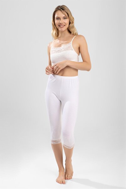 BAYKAR ملابس داخلية نسائية طويلة بتفاصيل دانتيل أسفل الركبة وطول سميك من القطن الممشط باللون الأبيض