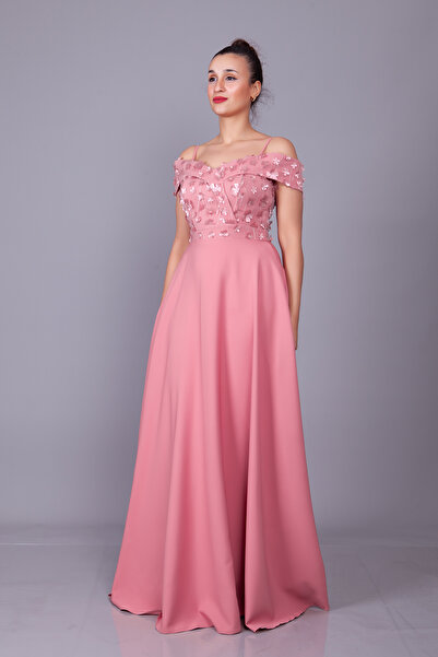 Bidoluelbise Gül Kurusu Askılı Düşük Omuz Çiçekli Tül Detay Maxi Boy Kloş Abiye Elbise