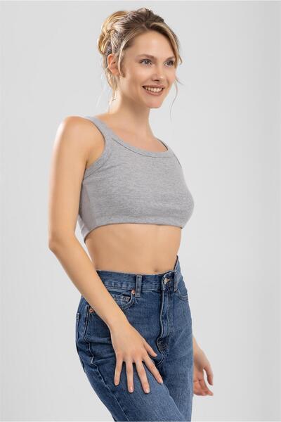 BAYKAR Γκρι Οβάλ Γιακά Χοντρό λουράκι Crop Bustier