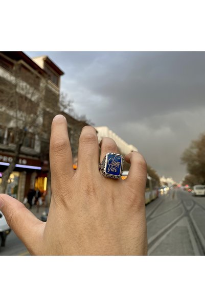 Sima Silver Gümüş Tasarım Ölüm Var yazılı mavi mineli Model Erkek Yüzük Takı
