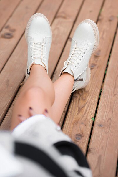 Parponi Drop Fermuarlı Kadın Hakiki Deri Bot Ekru