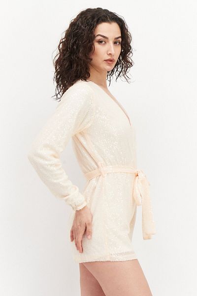 IN THE STYLE Women Sequined Long Sleeve Playsuit, Peach