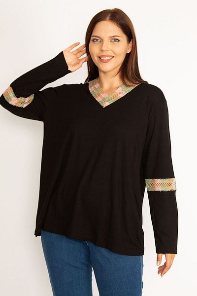 Şans Women's Large Size Black Lace Detailed Blouse 65n34647