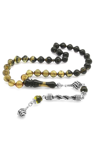 Tesbihane Tarnish-Free Metal Rope Tasseled Istanbul Cut Filtered White-black Fire Amber Rosary