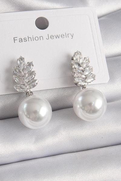 REBORN DESIGN Brass Silver Color Leaf Zircon Stone Ball Pearl Bead Model Women's Earrings