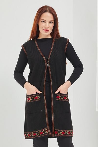 Elçelya Moda Mother Knitwear Rose Motif Black Long Pocket Vest