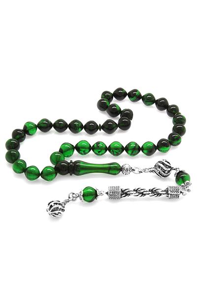 Tesbihane Tarnish-Free Metal Rope Tasseled Istanbul Cut Filtered Green-black Fire Amber Prayer Beads