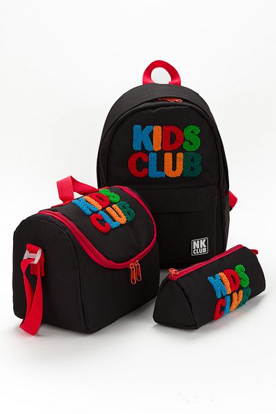 NK Rucsac negru pentru școală primară Cutie de prânz pentru grădiniță Set de 3 suporturi pentru stilouri