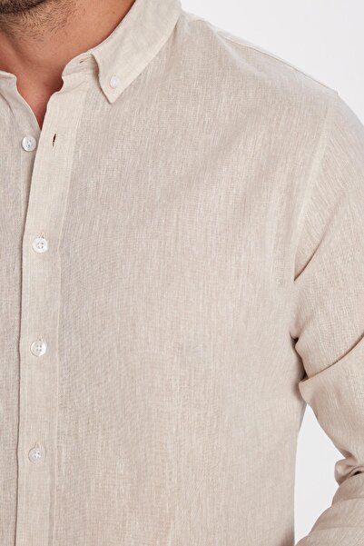 Tudors Beige Slim Fit Linen Premium Sports Shirt - Long Sleeve, Button-Down Collar