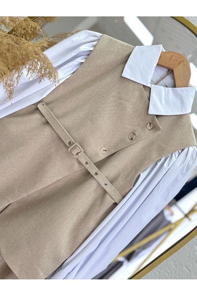Ebrar Store Stone Colored Perihan Vest and Skirt Set - He8323