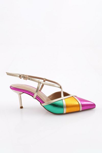 DGN 1769 Fuchsia Orange Women's Heeled Shoes - Pointed Toe, Low-cut, Cross Strap, Open Back
