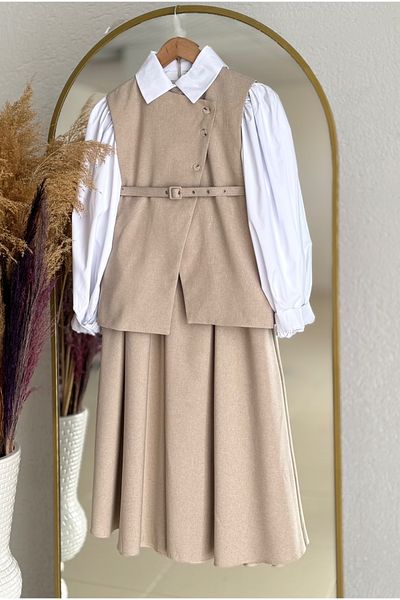 Ebrar Store Stone Colored Perihan Vest and Skirt Set - He8323