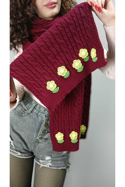 Gönülden Tasarım TRICO tricotat roșu claret VERDE FLORE FEMEIE șal GÂT CAL 200X30 CM