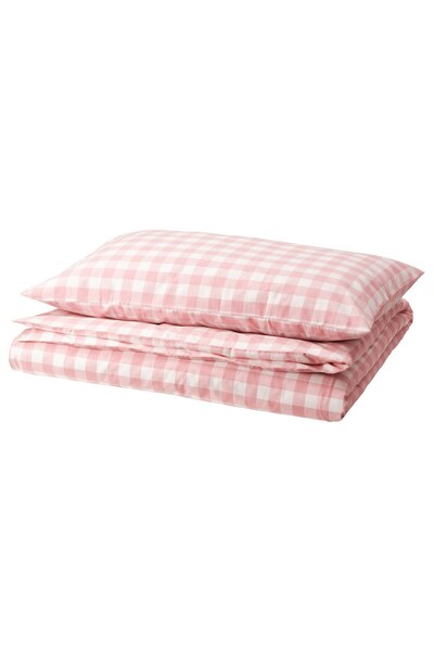 Generic Duvet cover and pillowcase, light pink white/check, 150x200/50x80 cm