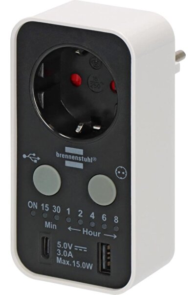 Brennenstuhl Countdown Serisi Led Ekranlı USB ve Type-C Grişli Zaman Ayarlı Priz