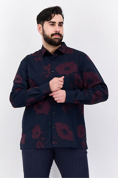 Perry Ellis Men Stretch Fit Floral Pattern Long Sleeves Casual Shirt, Navy