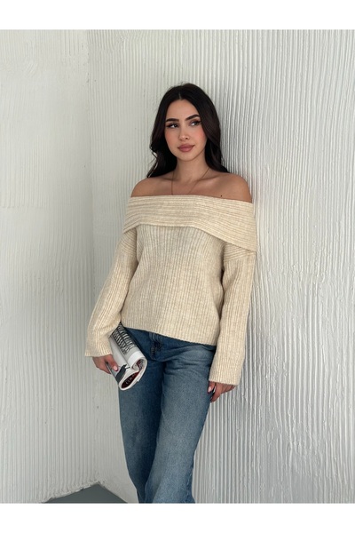 SUN BUTİK Cream Degaje Collar Sweater