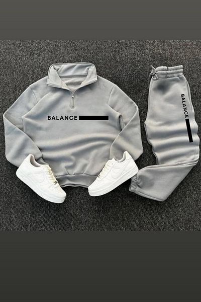 CAST COLLECTİON Unisex Gray Balance Printed Zip-Up Collar Sweatshirt Sweatpants Set