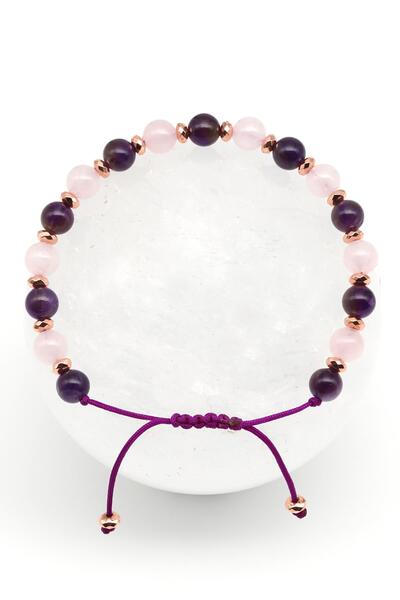 Alibaba Doğaltaş Amethyst - Pink Quartz Natural Stone, Macrame Knitted Bracel...