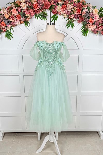 Lenta Moda Water Green Beaded Lace Overlay Midi Length Evening Dress and Evening Gown